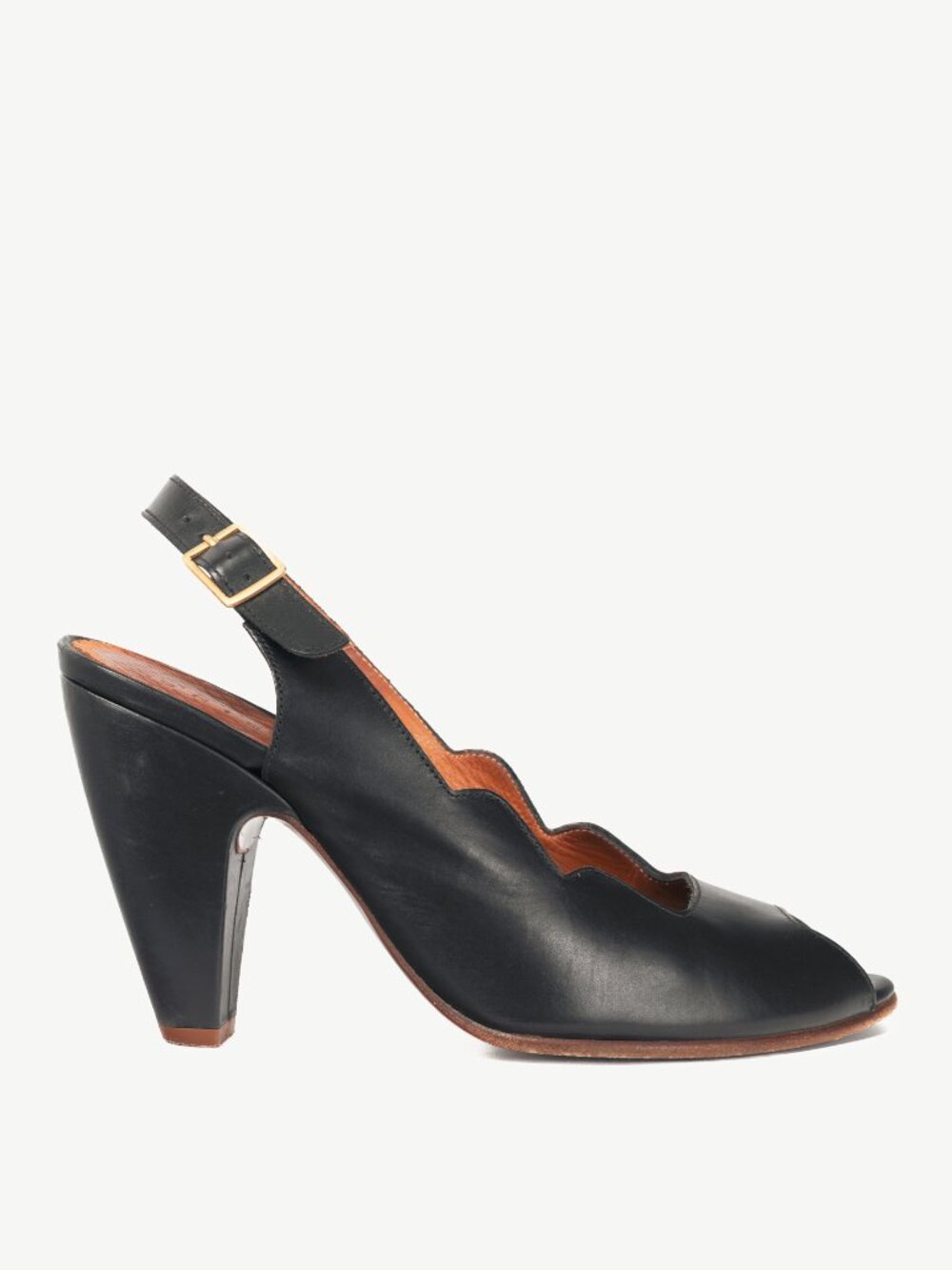 Chie Mihara Nocaso Black Leather Scalloped Slingback Heels